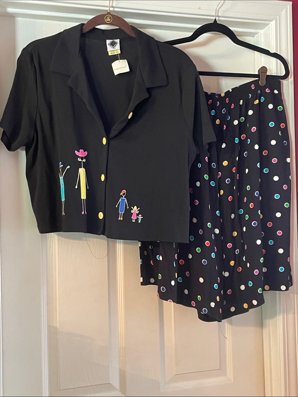 Vintage Black Polka Dot Two-Piece Set with Colorful Embroidery - Women